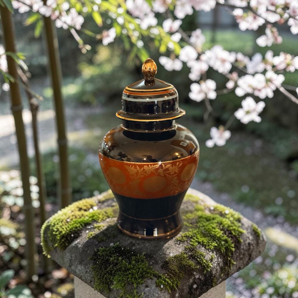 Vintage Japanese Ginger Jar Black & Gold Floral Chrysanthemum Porcelain Urn Lid